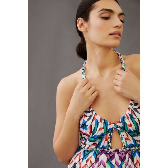 NWT Anthropologie Halter Dress Maxi 8 $248 Cut Out White Blue Side Slit HTF - Picture 5 of 13